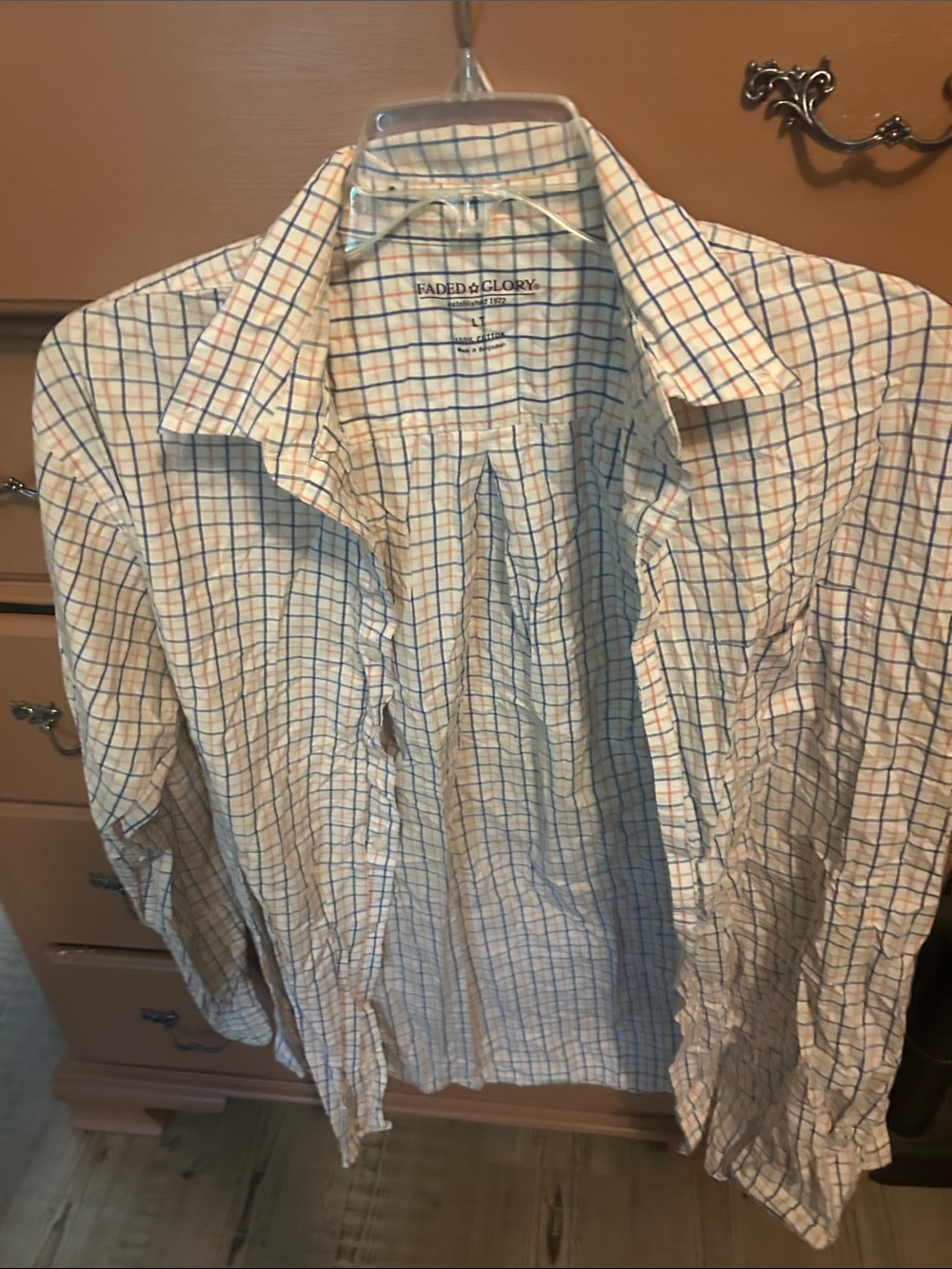 Faded Glory Men's White Button-Down Shirt with Blue and Orange Plaid
